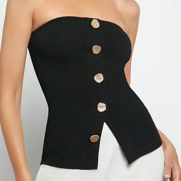 Black Casual Women's Button Front Split Hem Bandeau Top - Picture 1 of 7